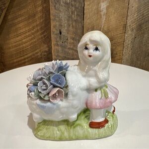 Vintage Porcelain Figurine Girl With Pastel Flowers In Bassinet/Cart 5” Tall